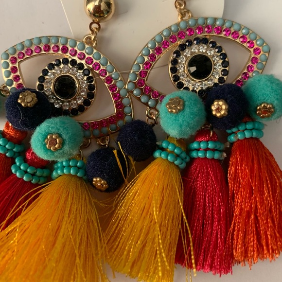 Aldo Multicolour Eye Tassel Statement Earrings Turquoise Red Yellow Pink Black - Picture 2 of 9